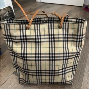 Burberry Beige Plaid Tote with Tan Leather Handles